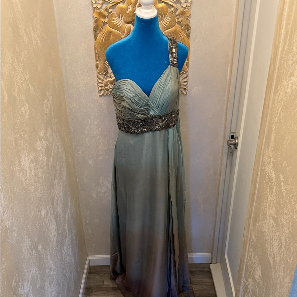 Terani Couture One-Shoulder Dress in Gradient Blue and Brown